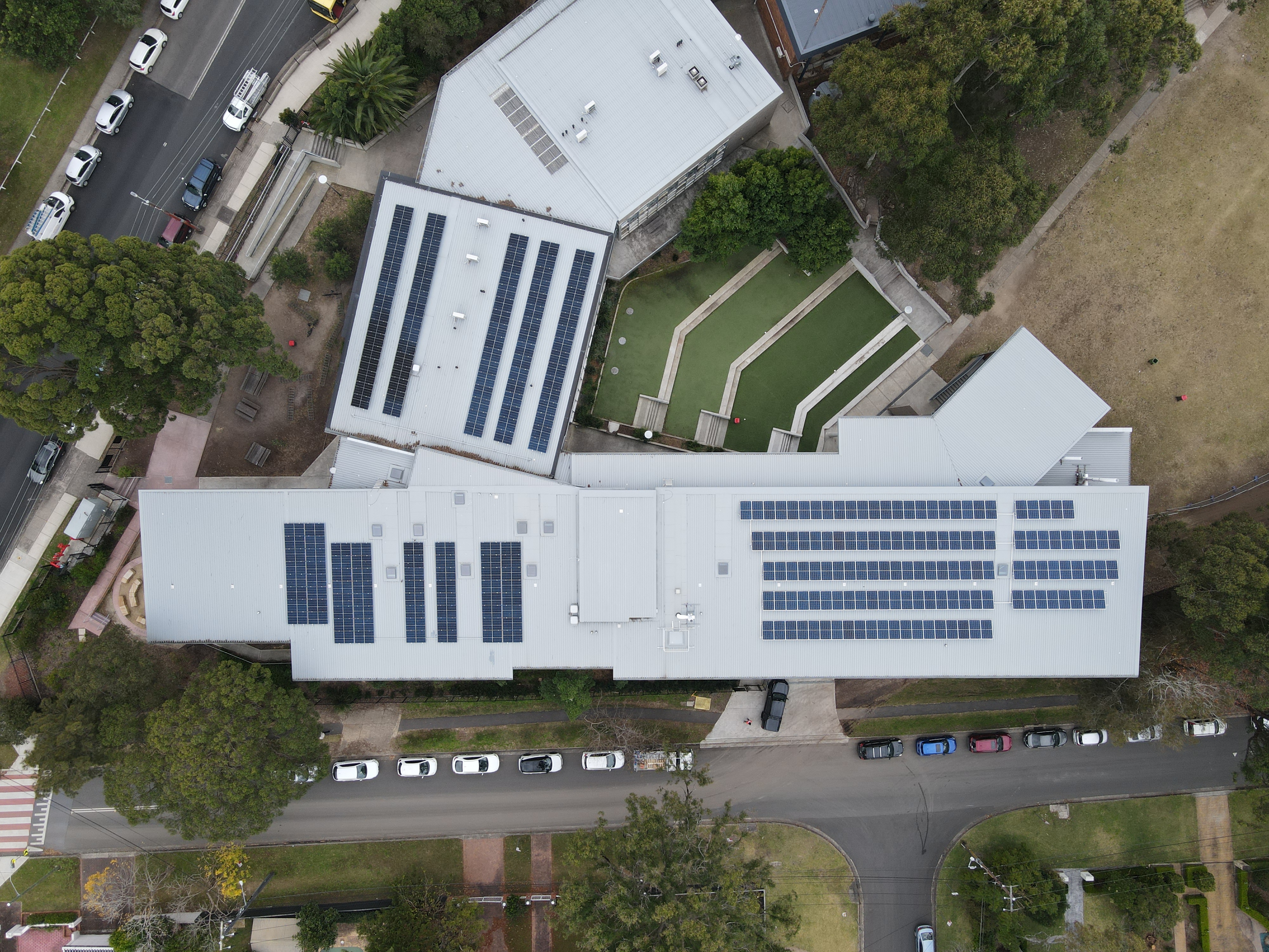 Smart Energy Schools Program - Drone photo of solar panels of school roof