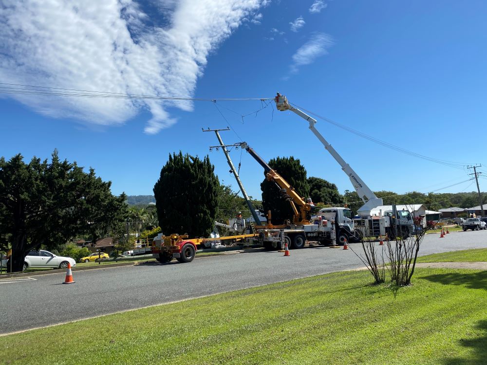 Woolgoolga PS, installing high voltage overhead cabling and poles 